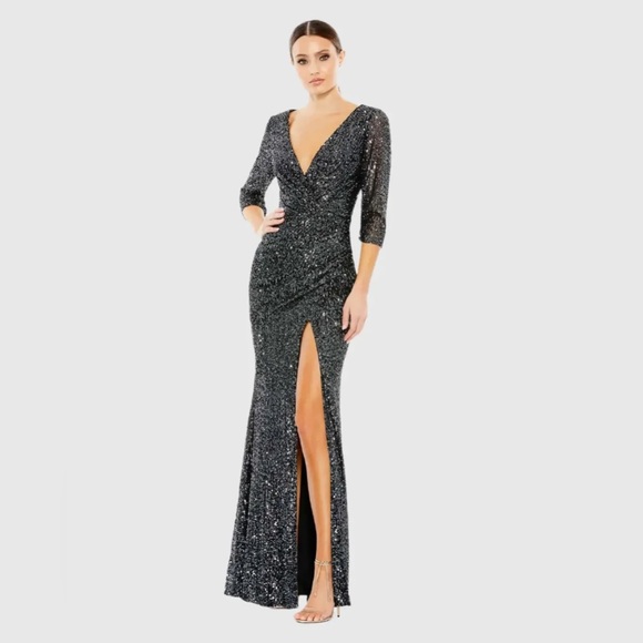 Gray Sequined Draped 3/4 Sleeve Gown - Picture 1 of 3